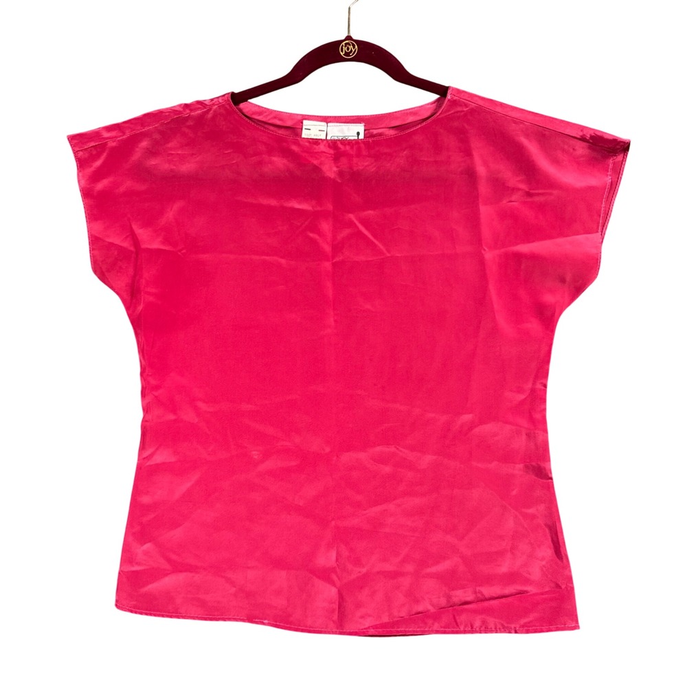 Y2K Barbiecore Satin Blouse Pink Cap Sleeve Boat Neck Feminine Vintage S‎